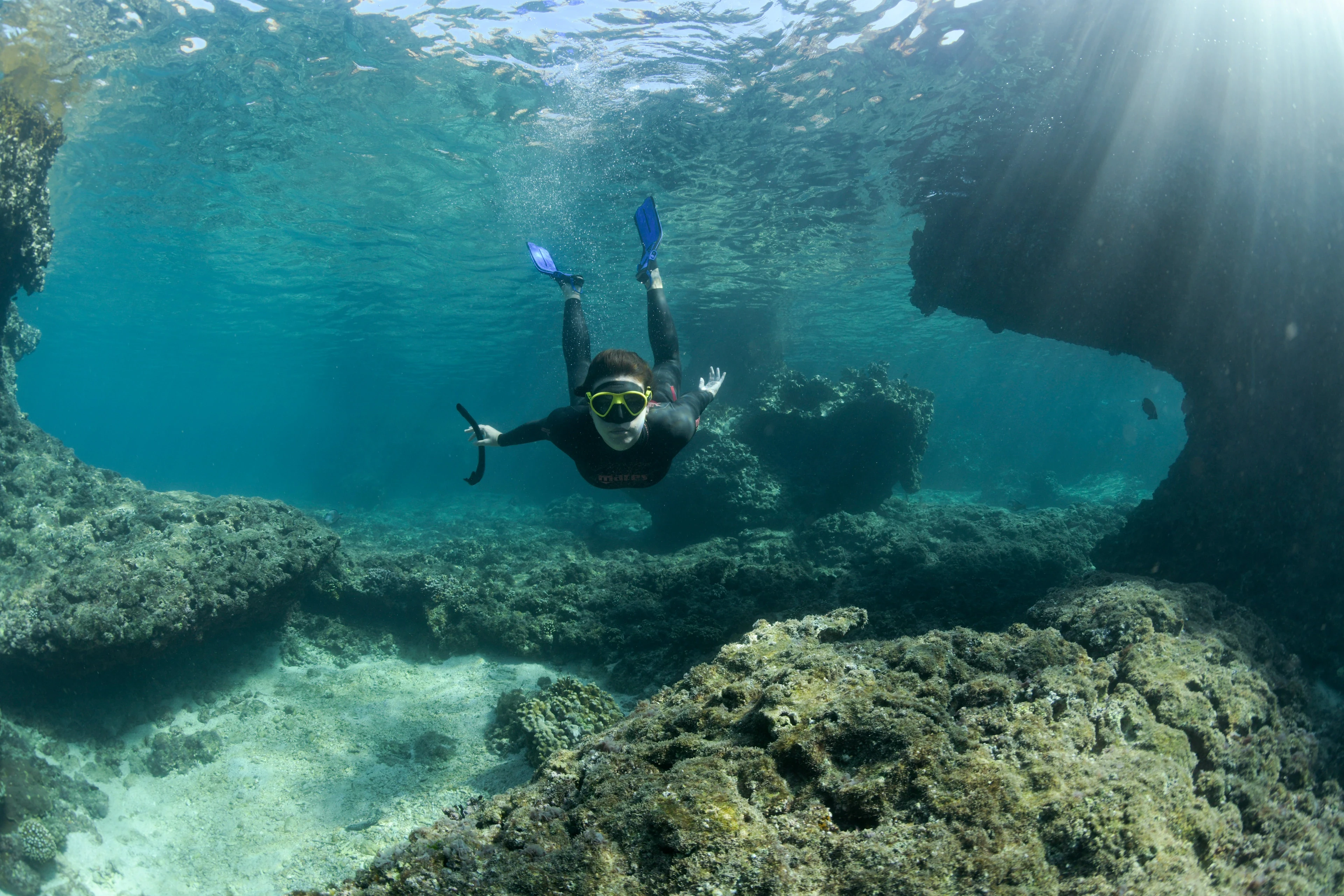 Snorkeler diving down under rays of light in a reef cove