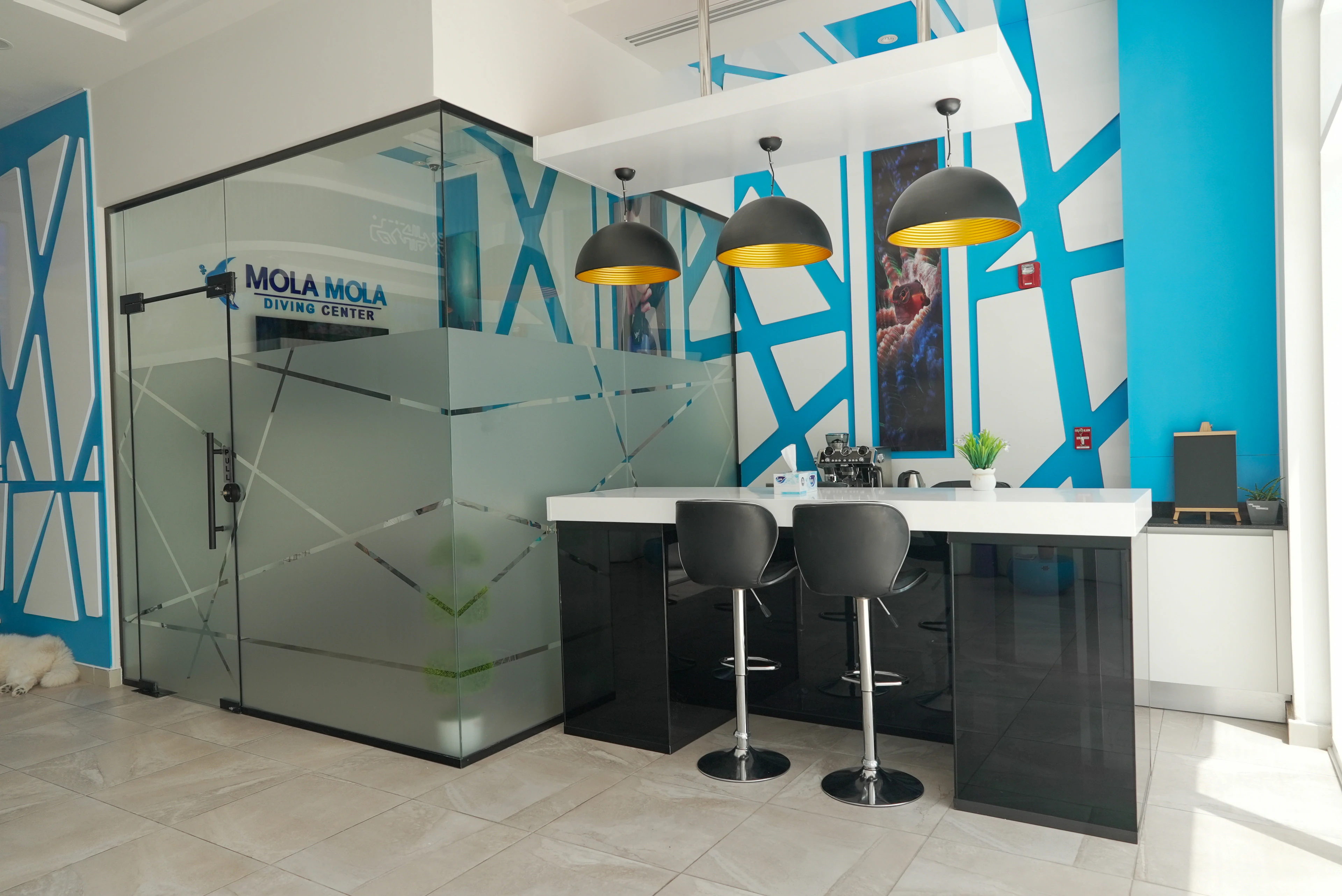 Bar seating and classroom room in the dive center