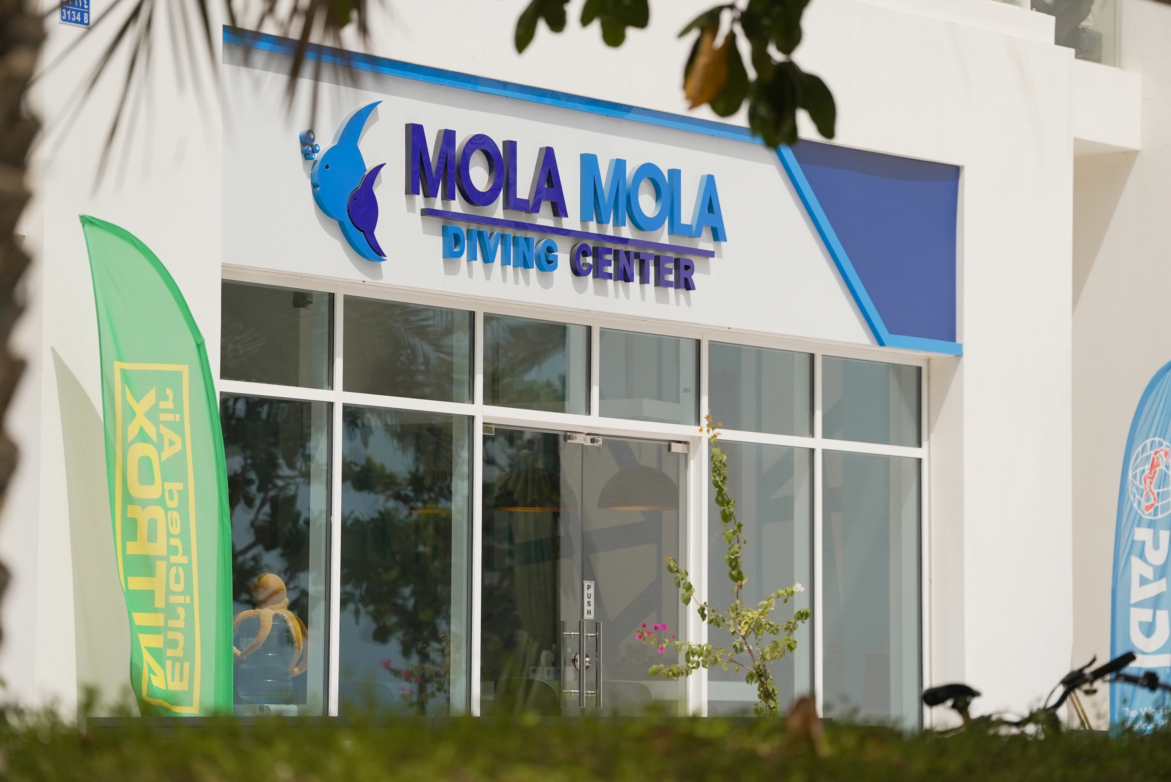 MolaMola Diving Center entrance with the PADI flag