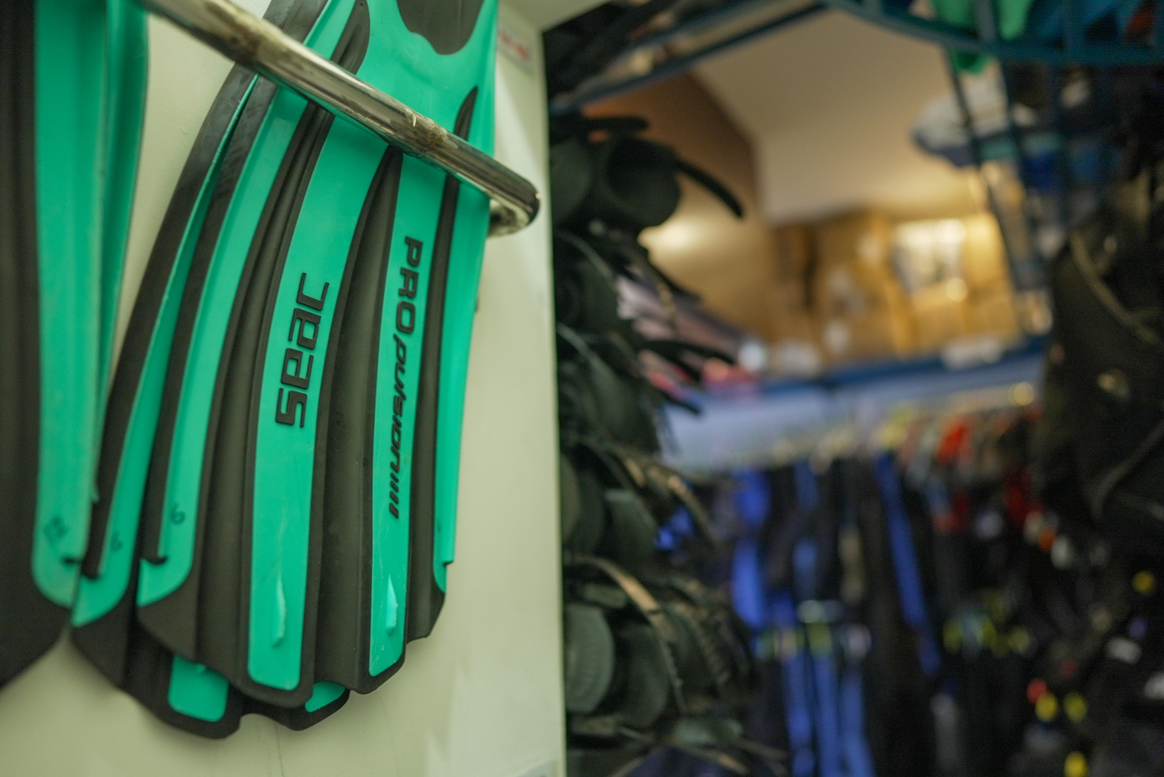 Rental fins in the gear room