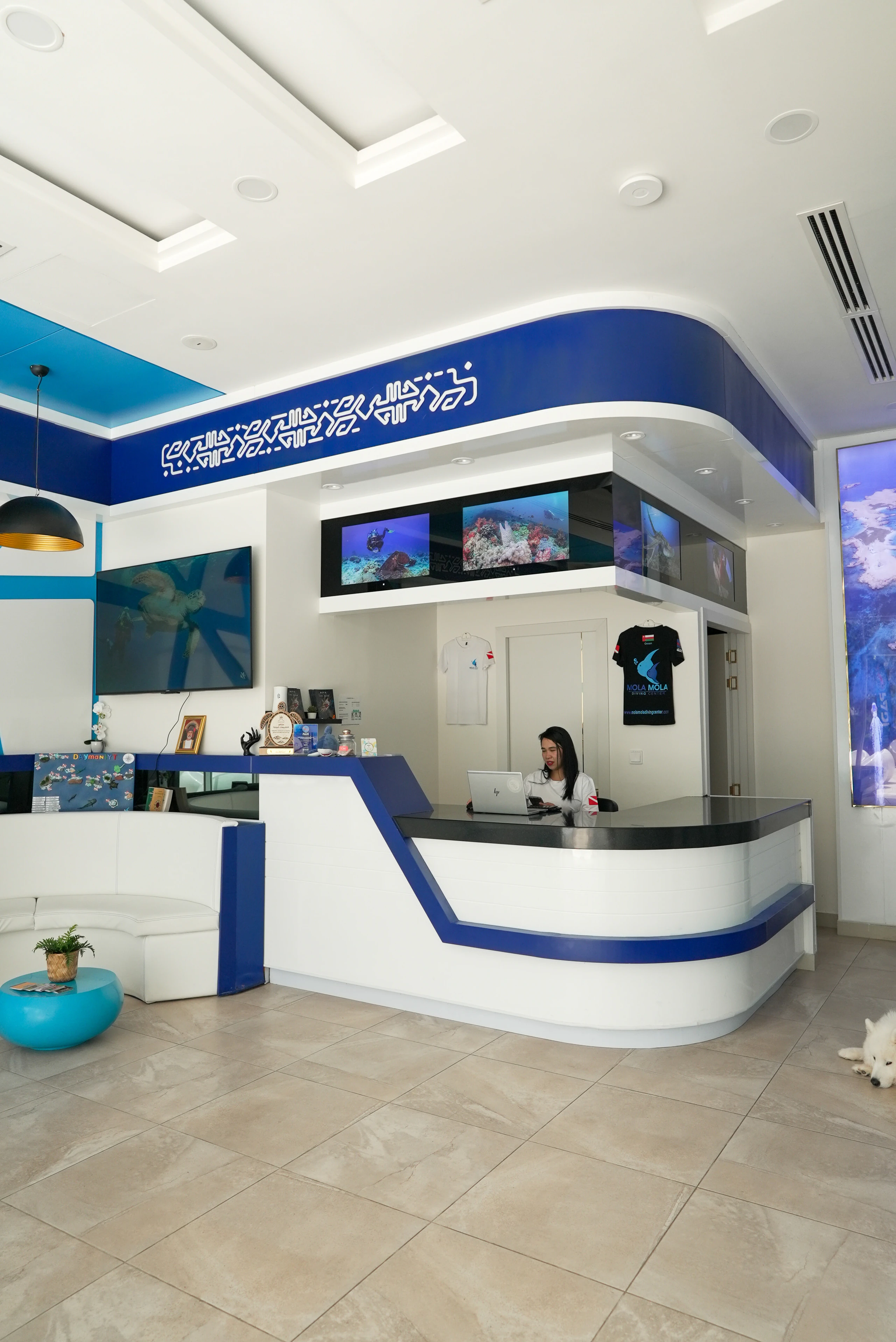 Reception area with screens and ocean artwork