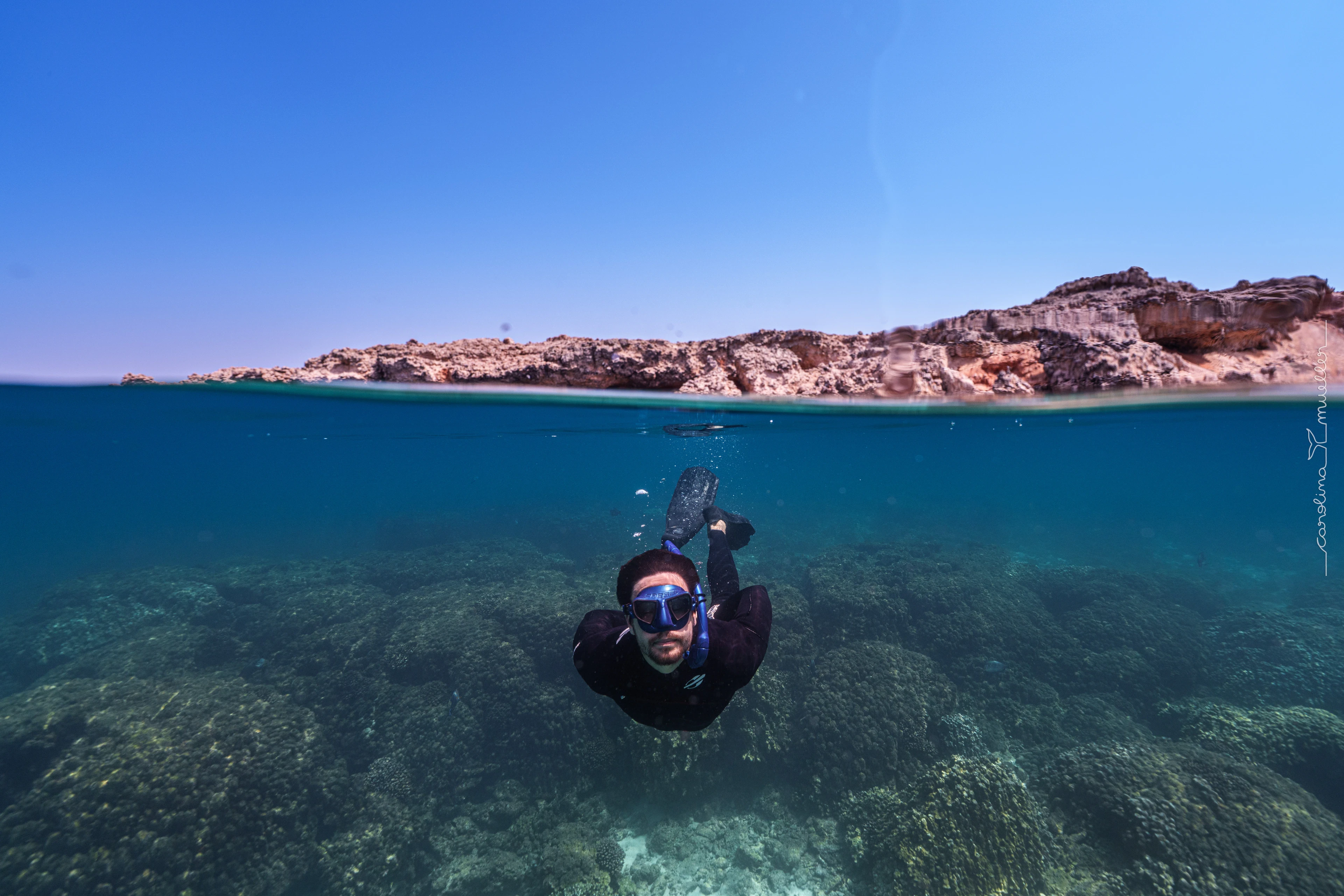 Snorkeler diving down with an island on the horizon