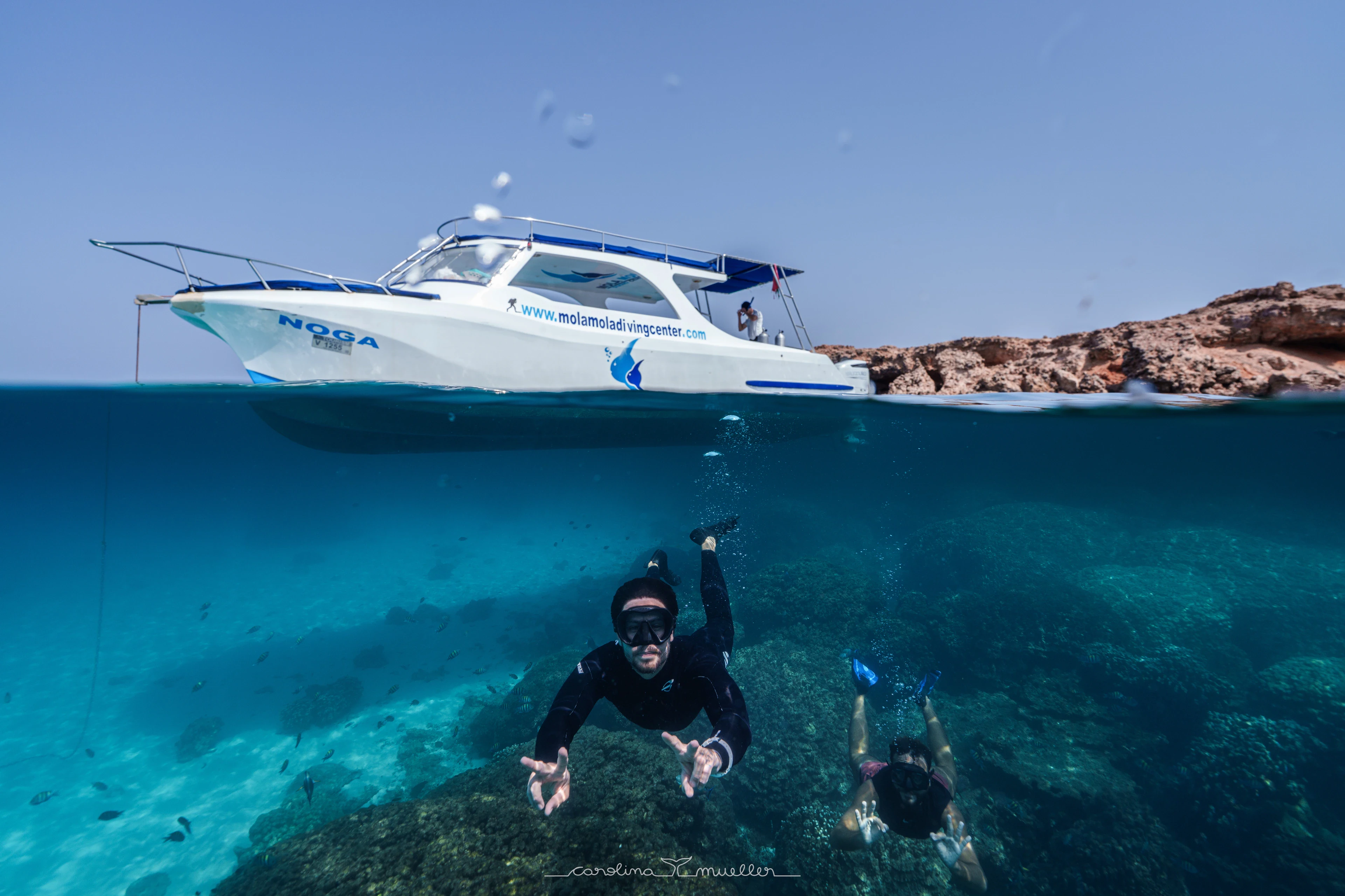 Snorkelers swimming below a MolaMola boat